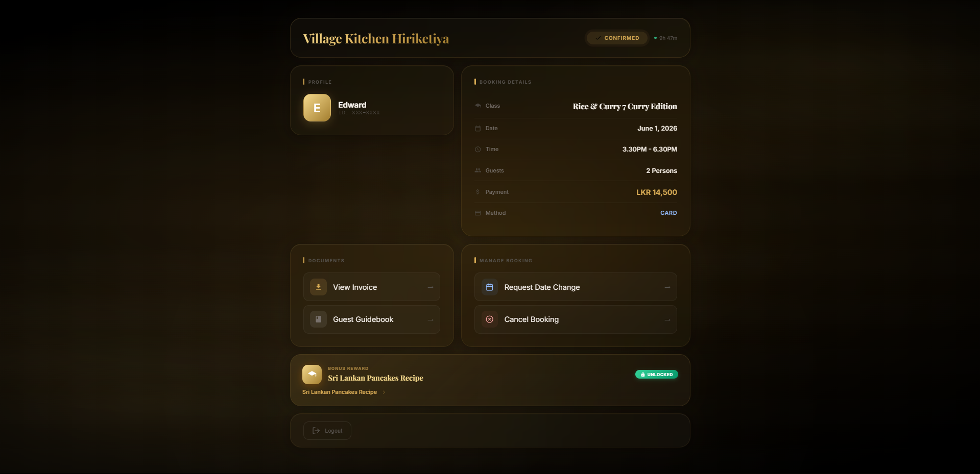 Village Kitchen Hiriketiya support guide showing a cancelled account status screen with an option to click Recover Account