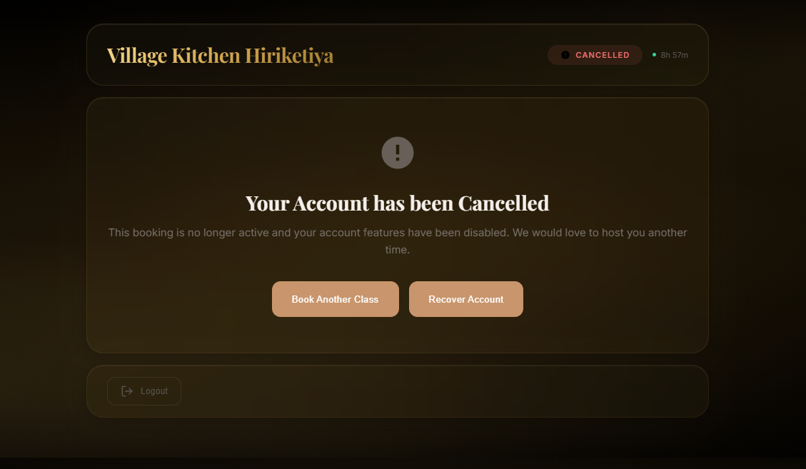Village Kitchen Hiriketiya support guide showing a cancelled account status screen with an option to click Recover Account
